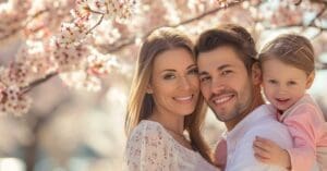 man woman and child with spring flowers behind them