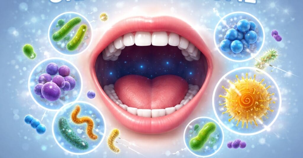 Home Dental Care Oral Microbiome Words With Open Moutth And Bacteria Images