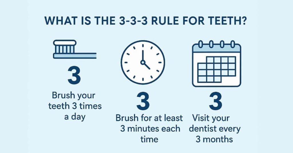 Home Dental Care Text, What Is The 3-3-3 Rule For Teeth? Brush 3 Times A Day, Brush For 3 Minutes, Visit Dentist Every 3 Months