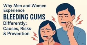 words, why mean and women experience bleeding gums differently: causes, risks & prevention, cartoon of man and woman holding bleeding mouth