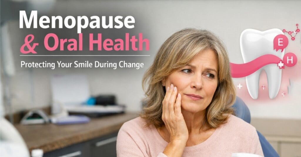 Home Dental Care Woman With Hands On Cheek, Words Menopause &Amp; Oral Health, Protecting Your Smile During Change