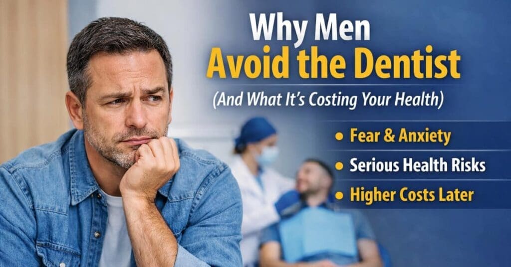 Home Dental Care Man In Dental Office, Infographic To Why Men Avoid The Dentist