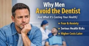 man in dental office, infographic to why men avoid the dentist